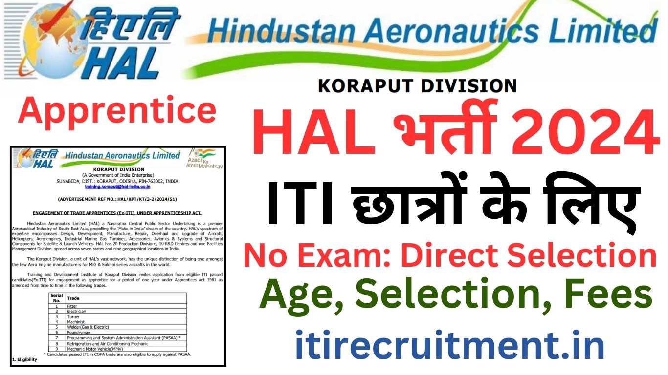 HAL Koraput Division Apprentice 2024 ITI छात्रों के लिए बम्पर अपरेंटिस भर्ती HAL Koraput Division Apprentice 2024: Hindustan Aeronautics Limited (HAL) तरफ से ट्रेड अप्रेंटिस भर्ती 2025 से 2026 के लिए निकली है। यह आईटीआई अप्रेंटिस Fitter, Electrician, Welder(Gas & Electric), Turner, Machinist, MMV, MRAC, Foundryman, Programming and System Administration Assistant (PASAA), COPA ट्रेड के लिए निकली है। HAL Apprentice अधिक जानकारी के लिए पोस्ट को अंत तक पढ़े। Hindustan Aeronautics Limited (HAL) Koraput Division Apprentice भर्ती निकली है जिसका विवरण नीचे दी है: Organization Name Hindustan Aeronautics Limited (HAL) Post Name Trade Apprentice Advertisement REF NO.: HAL/KPT/KT/3-2/2024/51 Last Date 15/11/2024 HAL Koraput Division Apprentice 2024 Important Dates Hindustan Aeronautics Limited (HAL) Koraput Division Apprentice में ट्रेड अप्रेंटिस के लिए फार्म निकली है जिसका महत्वपूर्ण तिथि नीचे दी है: Start Date for HAL Koraput Division Apprentice Online Form : 19/10/2024 Last Date for HAL Koraput Division Apprentice Online Form: 15/11/2024 Merit listed out with candidates details publication: 25/11/2024 Document verification for HAL Koraput Division Apprentice: 15/12/2024 Start of apprenticeship training: 01/01/2025 HAL Koraput Division Apprentice 2024 Application Fee General / OBC / EWS : 0/- SC / ST / PH : 0/- HAL Koraput Division Apprentice 2024 के लिए कोई आवेदन शुल्क नहीं है। HAL Koraput Division Apprentice 2024 Age Limit as on 15/11/2024 HAL Koraput Division Apprentice 2024 आवेदन करने के लिए अधिकतम उम्र 23 वर्ष होनी चाहिए। Maximum Age for Apply in HAL Koraput Division Apprentice Post : 23 Years HAL Koraput Division Apprenticeship Vacancy 2024 Trade Information आईटीआई छात्रों के लिए Hindustan Aeronautics Limited (HAL) Koraput Division के तरफ से विभिन्न ट्रेडों में अप्रेंटिस भर्ती आई है जिसका विवरण नीचे दी गई है: Fitter, Electrician, Welder(Gas & Electric), Turner, Machinist, MMV, MRAC, Foundryman, Programming and System Administration Assistant (PASAA), COPA अधिक Jobs की जानकारी के लिए Daily Visit करें : www.itirecruitment.in Qualification for HAL Koraput Division Apprentice Form 2024 Hindustan Aeronautics Limited अप्रेंटिस फॉर्म भरने के लिए छात्र को 10th class (HSC/SSC) के साथ आईटीआई सम्सेबंधित ट्रेड से पास होनी चाहिए। HAL Koraput Division Apprentice 2024 Stipend: Hindustan Aeronautics Limited (HAL) Koraput Division में ट्रेड अप्रेंटिस करने वाले छात्रों को Apprenticeship Act के तहत Stipend भी प्रदान होगा। How to Fill HAL Koraput Division Apprentice 2024? हिंदुस्तान एयरोनॉटिक्स लिमिटेड मेंअप्रेंटिस फॉर्म का ऑनलाइन आवेदन करने के लिए निम्न चरण है :- चरण 1 – सबसे पहले RDSDE (NAPS) www.apprentishipindia.org की ऑफिशल वेबसाइट पर जाएं। चरण 2 – NAPS पोर्टल पर रजिस्टर करने के बाद आपको गूगल फॉर्म भरना होगा। चरण 3 – गूगल फॉर्म में अपनी सभी डिटेल्स जैसे नाम पिता का नाम, माता का नाम, जन्मतिथि, हाई स्कूल, ट्रेड, जेंडर तथा Cast सर्टिफिकेट अपलोड करने के उपरांत सबमिट करें। अधिक जानकारी के लिए यह देखे: HAL Koraput Division Apprentice Official Notification Apprentice Registration Portal : Click Here Fill HAL Koraput Division Google Form Here HAL Koraput Division Apprentice 2024 FAQs: What is Qualification for HAL Koraput Division Apprentice 2024? Qualification for HAL Koraput Division Apprentice 2024 is ITI Pass in relevant trades from recognized institutes. What is Age Limit for HAL Koraput Division Apprentice 2024? Maximum Age Limit For HAL Koraput Division Apprentice 2024 is 23 year. What is Last Date for HAL Koraput Division Apprentice 2024? Last Date For HAL Koraput Division Apprentice 2024 is 15 November 2024.