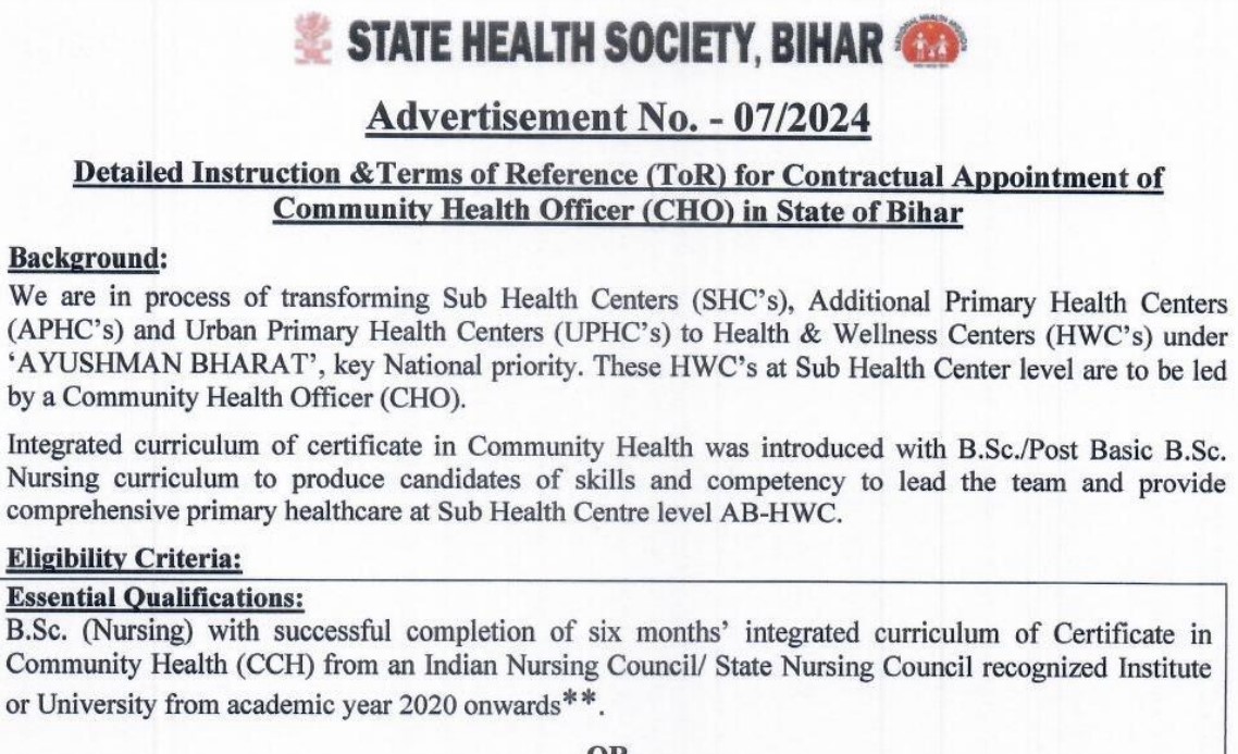 Bihar CHO Online Form 2024