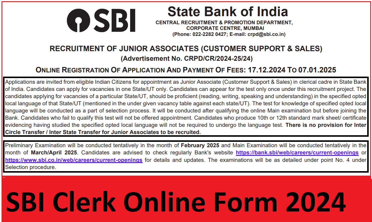 SBI Clerk Online Form 2024