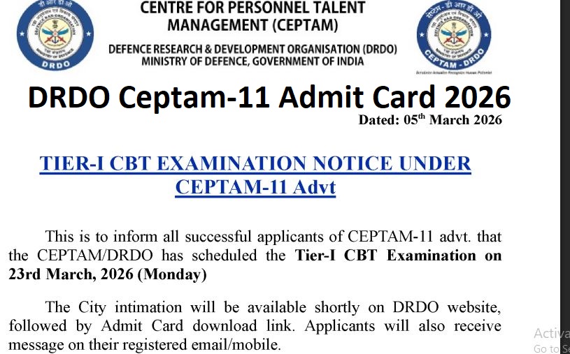 DRDO Ceptam 11 Admit Card Exam date 2026